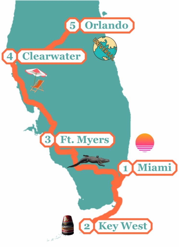 Route Florida - 2 Wochen Roadtrip mit Kindern Route-Florida-mit-Kindern-Mietwagenrundreise-Karte