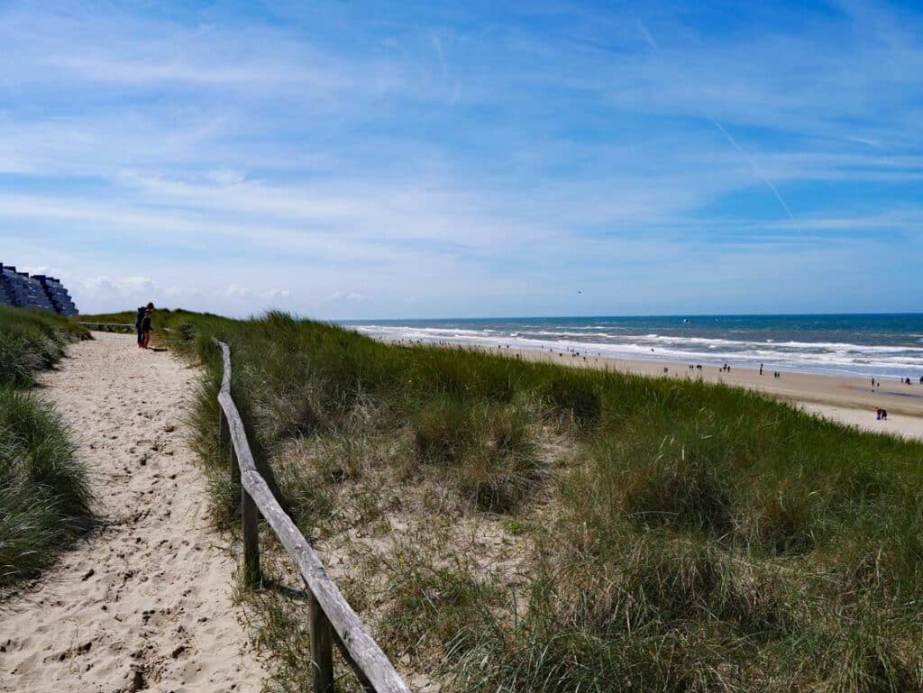 blick über sanddünen in holland dahinter strand und meer