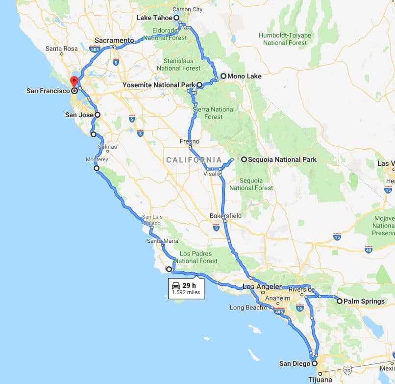 karte-rundreise-kalifornien-mit-kindern-reiseroute