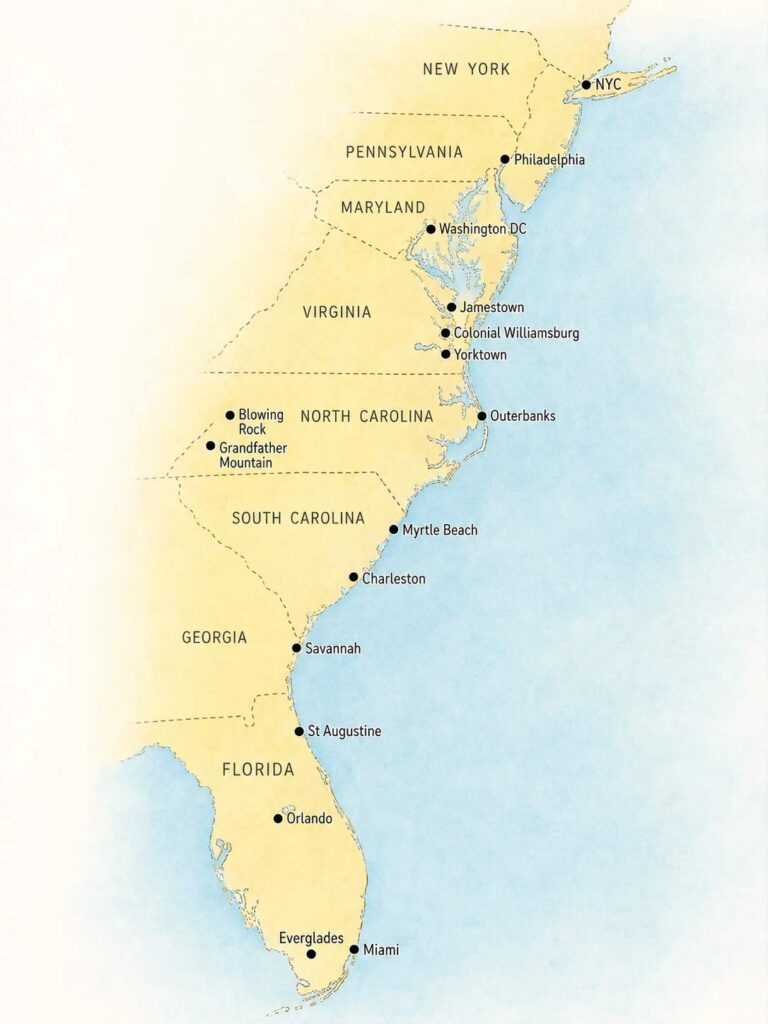 route ostkueste usa auf karte von nyc nach florida