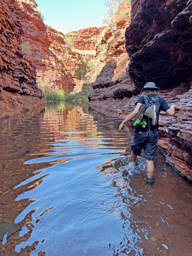 Ultimativer Guide für den Westaustralien Roadtrip kind-wandert-durch-wassergefuellte-schlucht-im-roten-sandstein-canyon-in-westaustralien