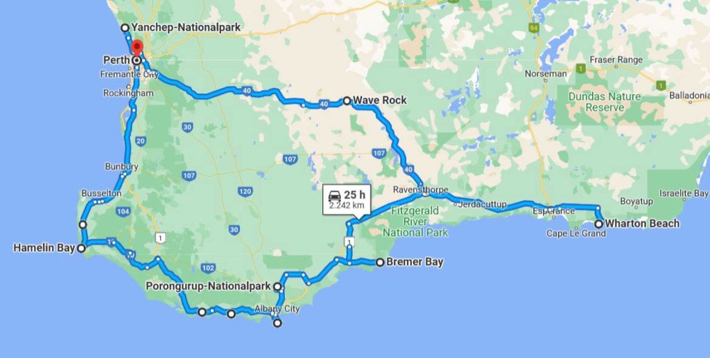 SĂĽdwesten Australiens - Highlights fĂĽr die 2-Wochen Rundreise ab Perth googlemaps-karte-von-suedwestaustralien-mit-einzeichneter-route-fuer-die-2-woche-rundreise-ab-perth