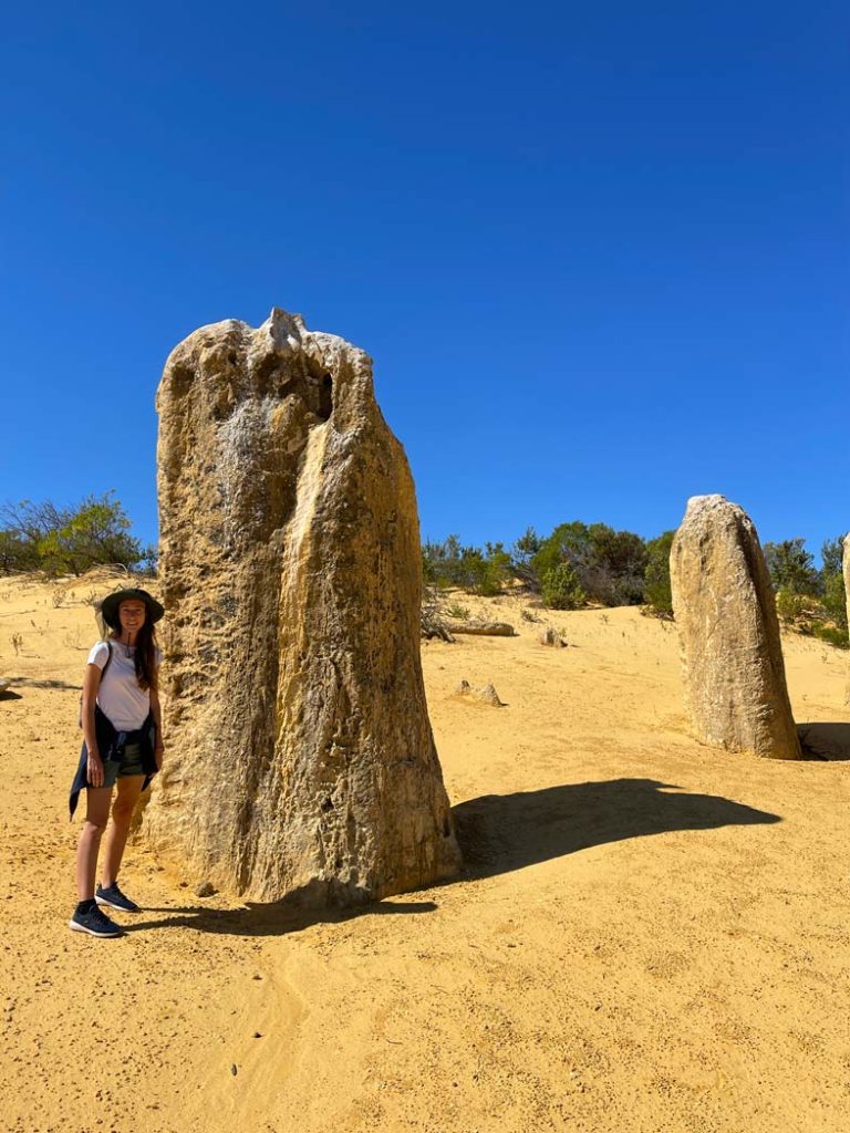 frau-mit-moskitohut-auf-dem-kopf-steht-neben-einer-doppelt-so-hohen-gelben-kalkestein-saeule-in-der-pinnacles-dessert-in-western-australia