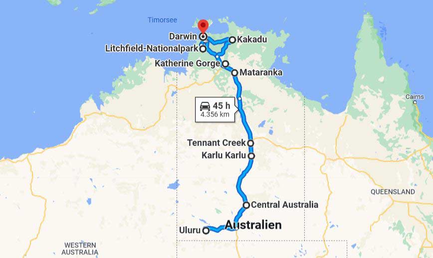 Roadtrip Northern Territory - Rundreise von Darwin zum Uluru google-maps-karte-mit-route-von-darwin-nach-uluru-durch-northern-territory