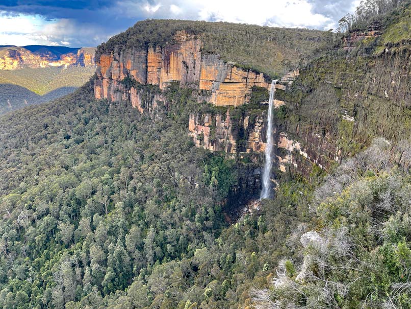 Blue Mountains in Australien - Naturparadies vor den Toren Sydneys schmaler-wasserfall-von-felskette-zwischen-eukalyptuswald-in-den-blue-mountains