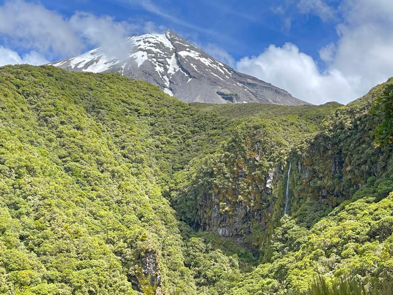 gruene-dicht-bewachsene-landschaft-mit-kleinem-wasserfall-im-hintergrund-der-vulkan-taranaki-mit-schneebedeckter-spitze-im-egmont-nationalpark