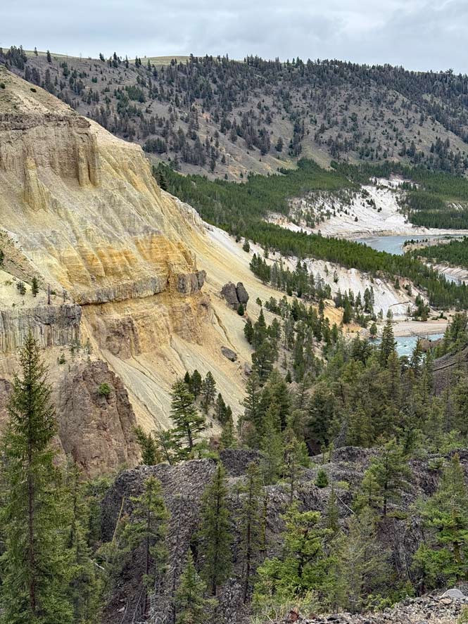 Yellowstone Nationalpark basaltsäulen am berghang darunter fluss und bewaldetet landschaft im yellowstone