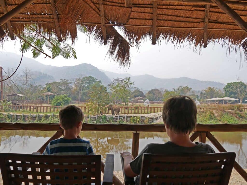 kinder-sitzen-unter-strohdach-und-beobachten-elefanten-auf-anderer-seite-des-flusses-in-thailand