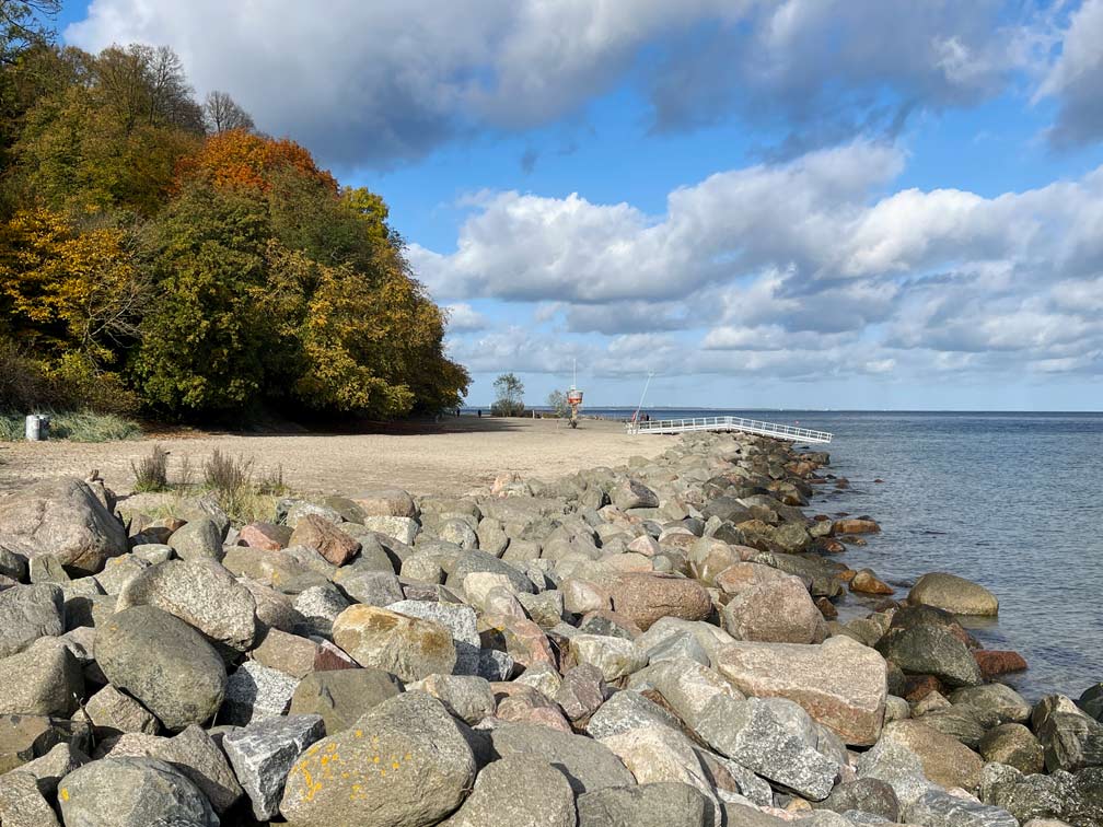 aufgeschuettete-steine-am-ostsee-ufer-dahinter-sandstrand-am-wald-in-travemuende
