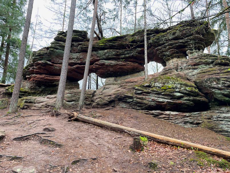 Wandern im Dahner Felsenland 🥾 7+ Tipps roter-sandsteinfelsen-mit-zwei-löchern-wie-augen-auf-dem-dahner-felsenpfad