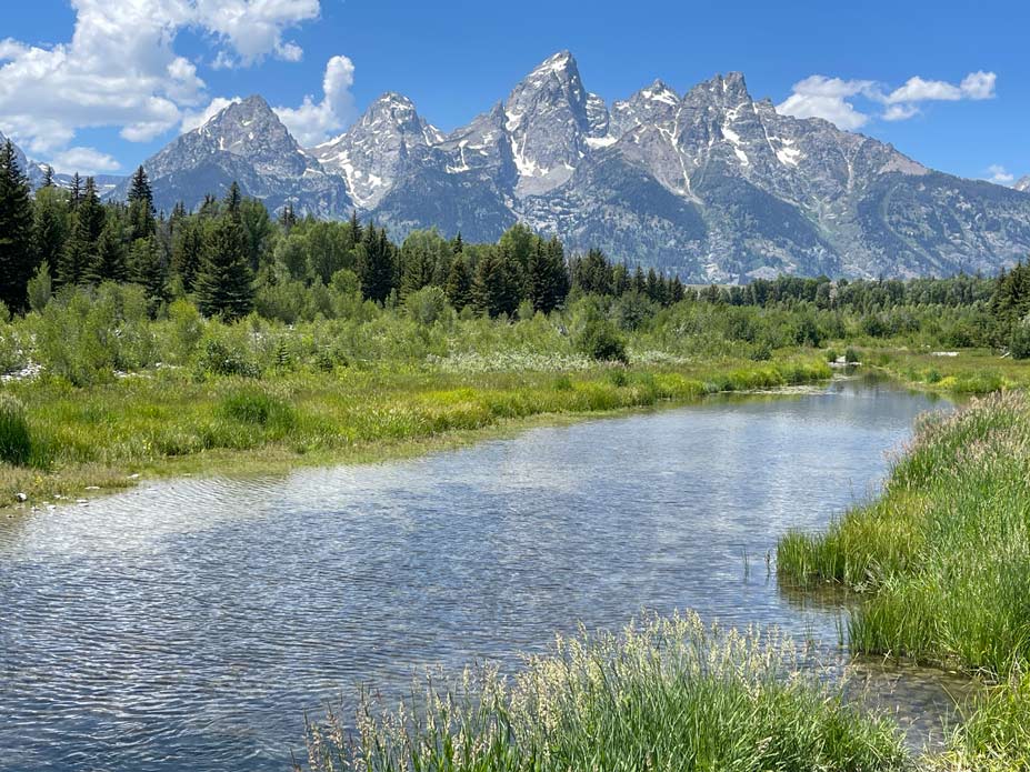 schwabacher landing im grand teton nationalpark aussicht auf bergkette vor fluss