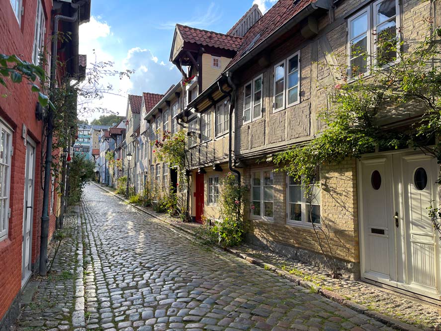 gemütliche straße mit kopfsteinpflaster in flensburg