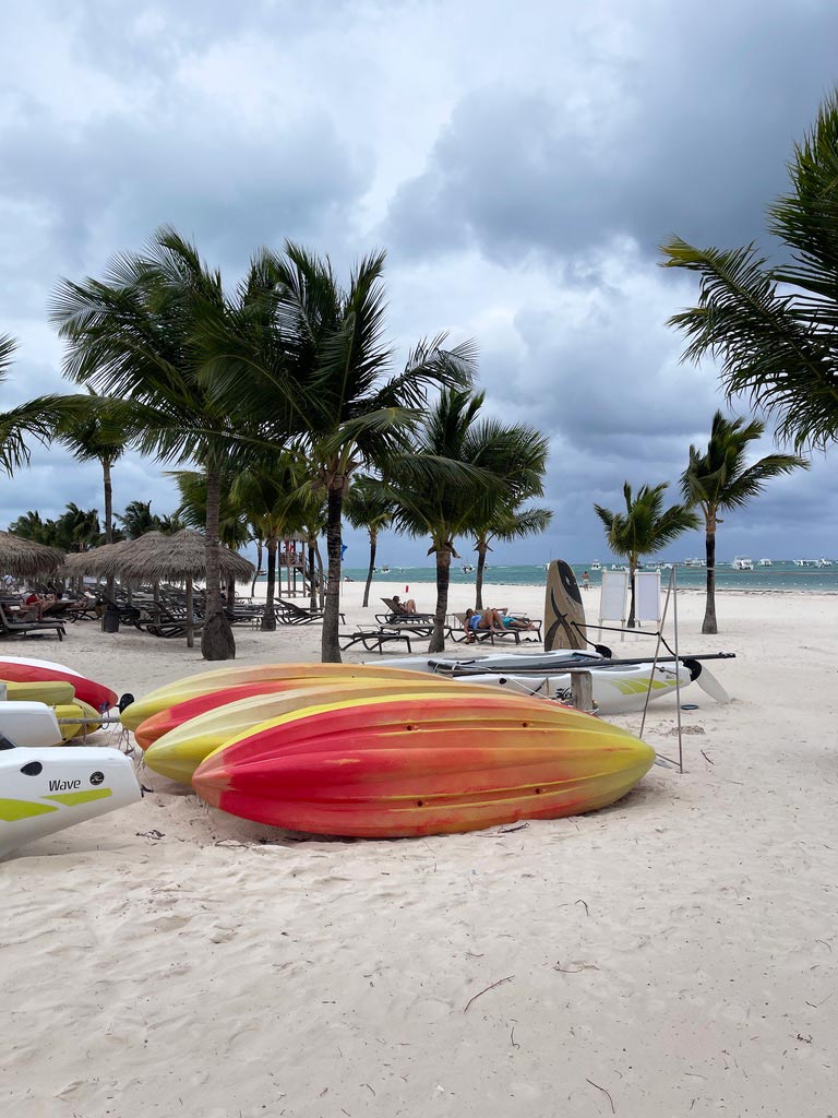 surfbretter am weißen strand playa bavaro neben palmen in der dominikanischen republik