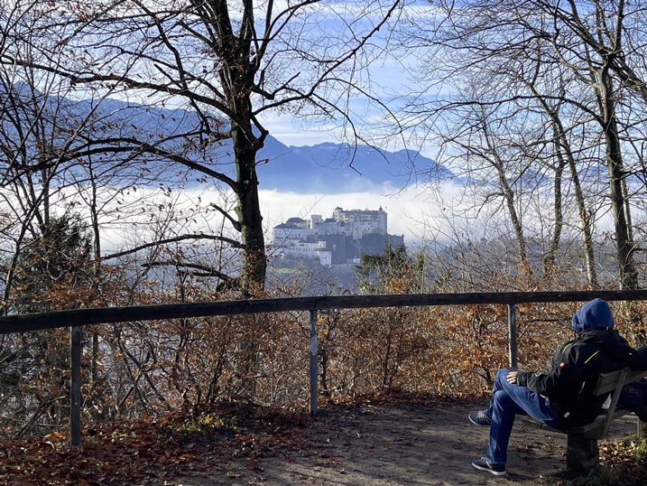 mann sitzt auf parkbank und blickt durch herbstlichen wald auf festung hohensalzburg
