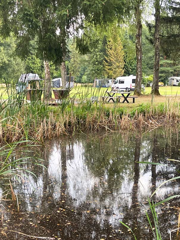 kleiner teich hintendran wiese mit wohnmobilen in der suedheide